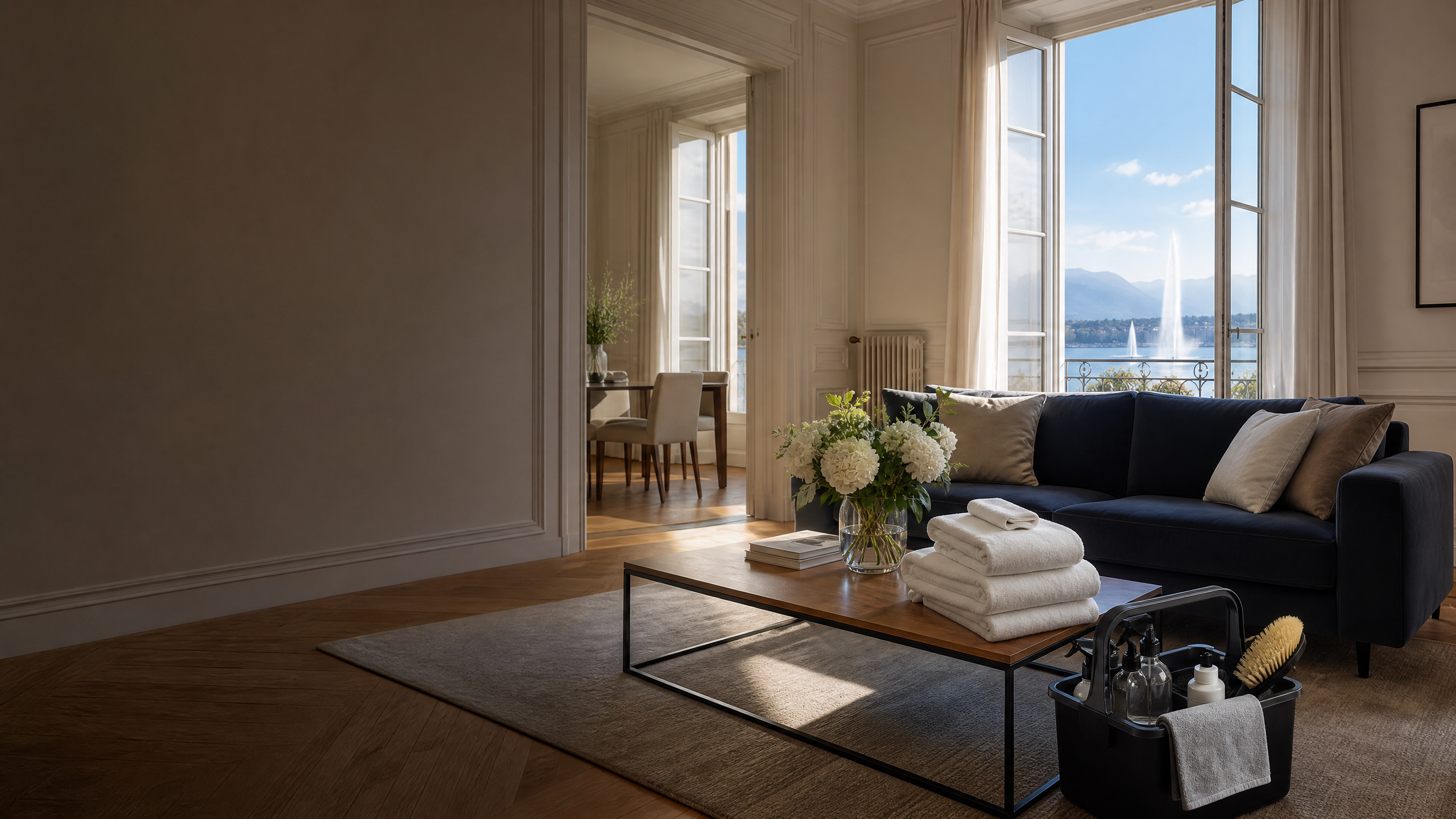 Salon lumineux avec vue sur le lac Leman